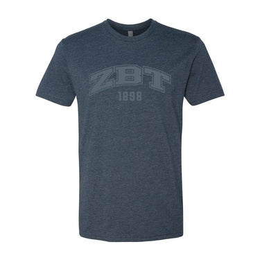 Dark navy heather crew-neck tee with a subtle tonal arched ÒZBTÓ print on the chest