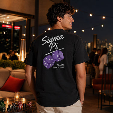 Comfort Colors High Roller Tee shown front and back, featuring a small dice graphic on the chest pocket and a large casino-inspired dice design on the back.