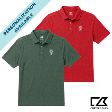 Two heathered Cutter & Buck polo shirts in green and red with embroidered crest detail and personalization available.