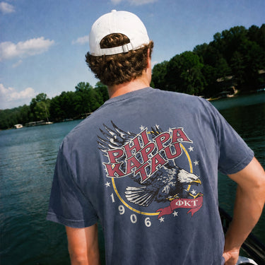 Man wearing a blue comfort colors tee with premium america design