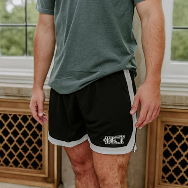 Phi Kappa Tau Fraternity Black 7" Mesh Shorts with Greek letters.