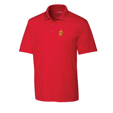 Fraternity polo with coat of arms embroidered on left chest.