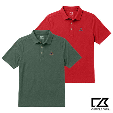 Two heathered Cutter & Buck polo shirts in green and red with embroidered crest detail and personalization available.