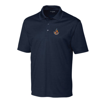 Fraternity polo with coat of arms embroidered on left chest.