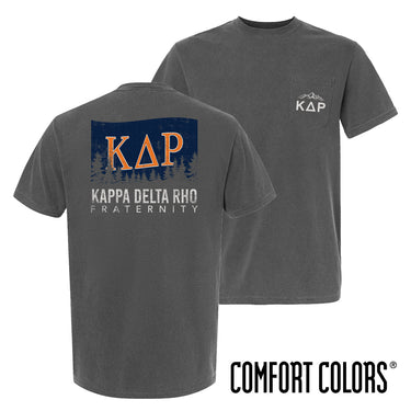 Fraternity grey short sleeve tee with colorful flag design on back and chest pocket log