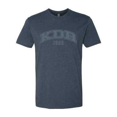 Dark navy heather crew-neck tee with a subtle tonal arched ÒKDRÓ print on the chest