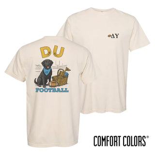 Delta Upsilon fraternity t-shirt featuring a black lab in a football stadium
