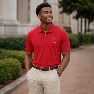 Model wearing a red heathered Cutter & Buck polo with embroidered crest and personalized name detail.