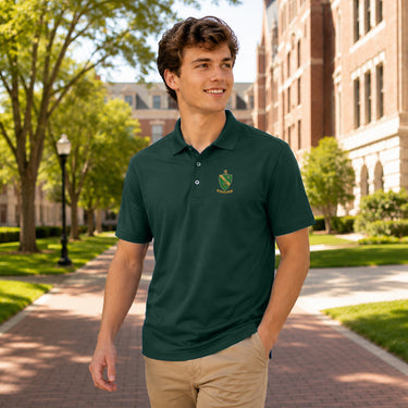 College student wearing fraternity polo embroidered with crest on left chest.