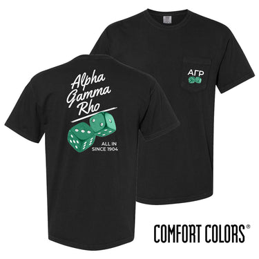 Comfort Colors High Roller Tee shown front and back, featuring a small dice graphic on the chest pocket and a large casino-inspired dice design on the back.
