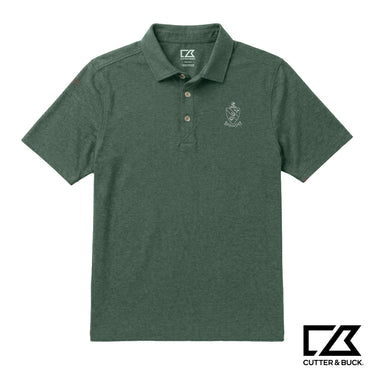 Green heathered Cutter & Buck polo with an embroidered crest on the chest.