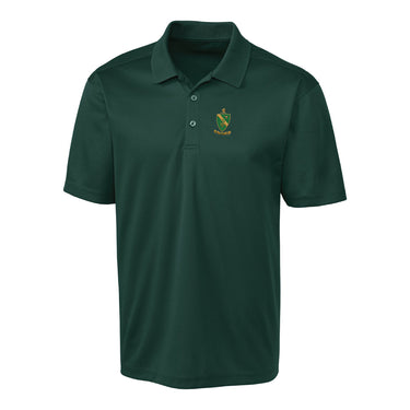 Fraternity polo with coat of arms embroidered on left chest.