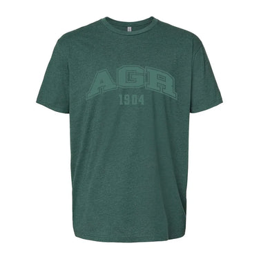 Dark green heather crew-neck tee with a subtle tonal arched ÒAGRÓ print on the chest
