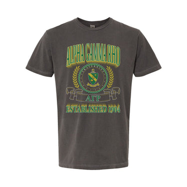 College-aged male wearing the fraternity Collegiate Crest Graphic Tee in charcoal grey, featuring vintage Alpha Gamma Rho crest artwork on campus.