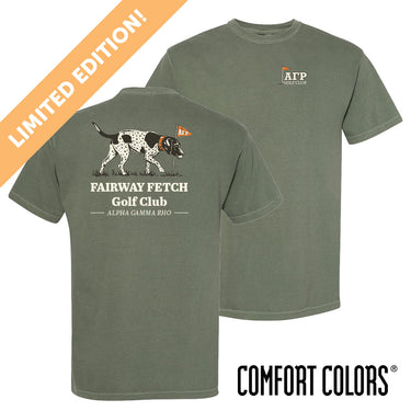 Front and back view of moss green Comfort Colors T-shirt featuring a vintage-inspired hunting dog mid-fetch, paired with a classic golf flag.