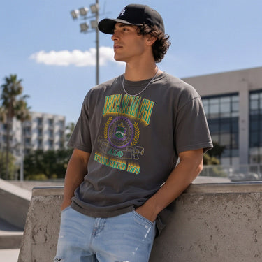 Delta Sig Collegiate Crest Graphic Tee in charcoal grey featuring bold Delta Sigma Phi  lettering, fraternity crest, Greek letters, and established year design.
