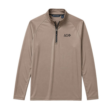 Mushroom Cutter & Buck Adapt quarter-zip pullover with black embroidered Delta Sigma Phi Greek letters on the left chest.