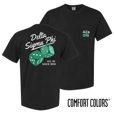 Comfort Colors High Roller Tee shown front and back, featuring a small dice graphic on the chest pocket and a large casino-inspired dice design on the back.