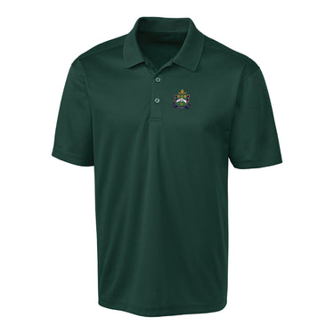 Fraternity polo with coat of arms embroidered on left chest.