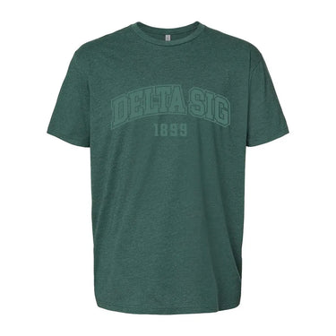 Dark green heather crew-neck tee with a subtle tonal arched ÒDELTA SIGÓ print on the chest