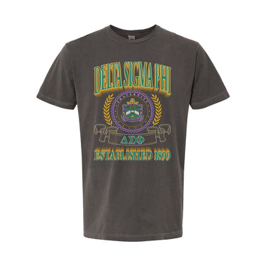 College-aged male wearing the fraternity Collegiate Crest Graphic Tee in charcoal grey, featuring vintage Delta Sigma Phi crest artwork on campus.