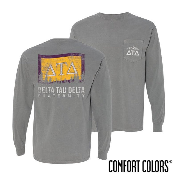 Delt Gray Comfort Colors Flag Long Sleeve Pocket Tee | Delta Tau Delta | Shirts > Long sleeve t-shirts
