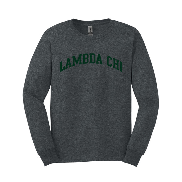 Lambda Chi Dark Heather Long Sleeve Tee with Sewn On Letters