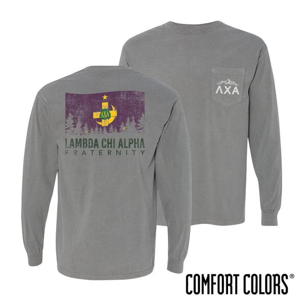Lambda Chi Gray Comfort Colors Flag Long Sleeve Pocket Tee | Lambda Chi Alpha | Shirts > Long sleeve t-shirts