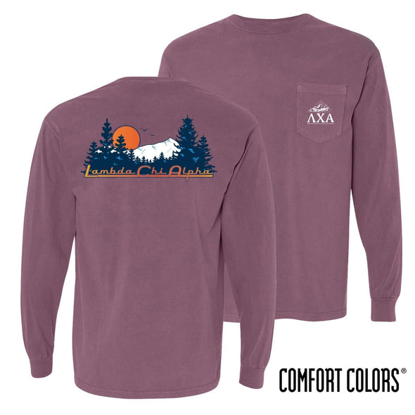Lambda Chi Comfort Colors Berry Retro Wilderness Long Sleeve Pocket Tee | Lambda Chi Alpha | Shirts > Long sleeve t-shirts