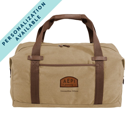 AEPi Khaki Canvas Duffel With Leather Patch | Alpha Epsilon Pi | Bags > Duffle bags