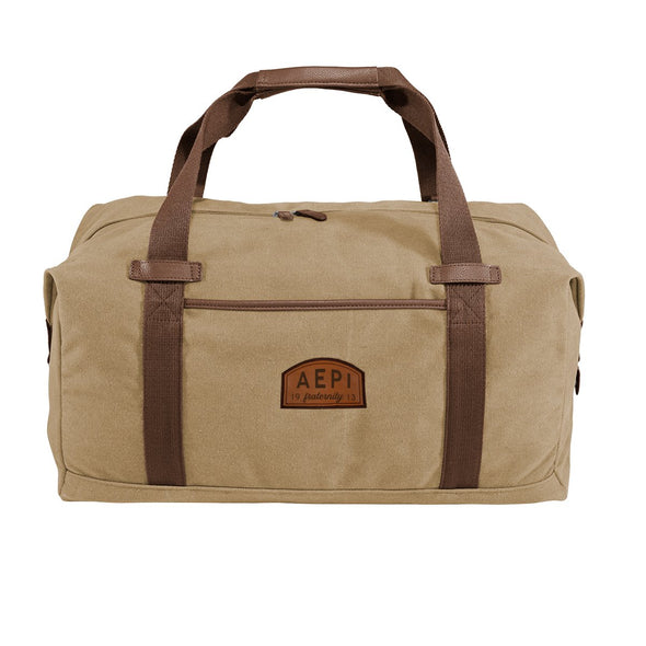 AEPi Khaki Canvas Duffel With Leather Patch | Alpha Epsilon Pi | Bags > Duffle bags