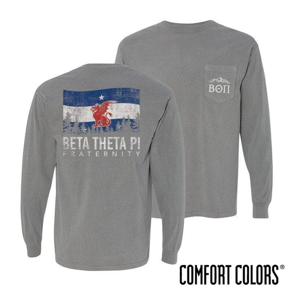 Beta Gray Comfort Colors Flag Long Sleeve Pocket Tee | Beta Theta Pi | Shirts > Long sleeve t-shirts