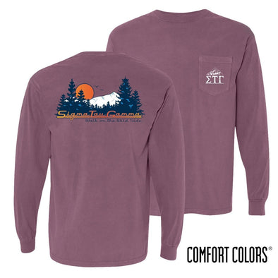 Sig Tau Comfort Colors Berry Retro Wilderness Long Sleeve Pocket Tee | Sigma Tau Gamma | Shirts > Long sleeve t-shirts