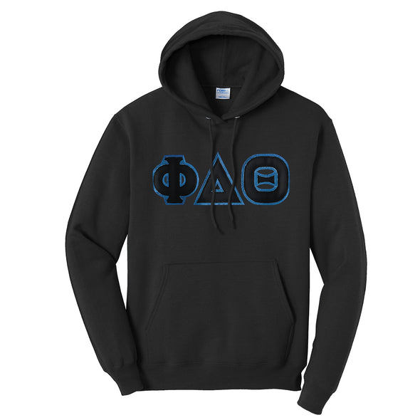 Phi Delt Black Hoodie with Black Sewn On Letters