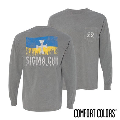 Sigma Chi Gray Comfort Colors Flag Long Sleeve Pocket Tee | Sigma Chi | Shirts > Long sleeve t-shirts