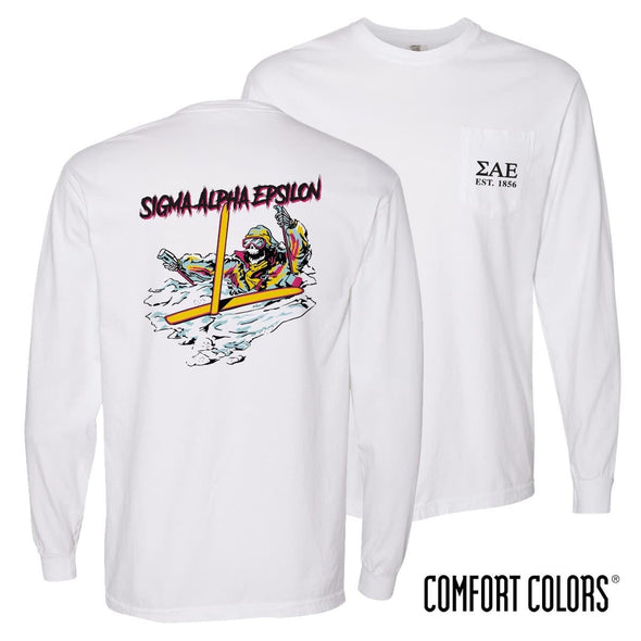 SAE Comfort Colors White Long Sleeve Ski-leton Tee | Sigma Alpha Epsilon | Shirts > Long sleeve t-shirts