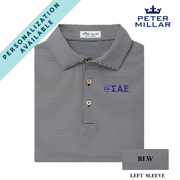 SAE Personalized Peter Millar Jubilee Stripe Stretch Jersey Polo with Greek Letter Logo