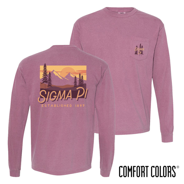 Sigma Pi Comfort Colors Berry Mountain Sunset Long Sleeve Pocket Tee