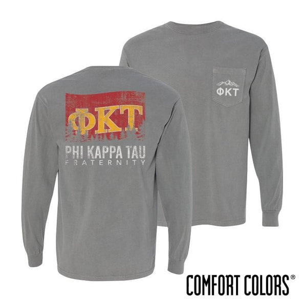 Phi Tau Gray Comfort Colors Flag Long Sleeve Pocket Tee | Phi Kappa Tau | Shirts > Long sleeve t-shirts