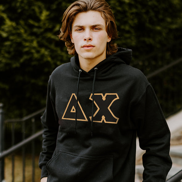 Delta Chi Black Hoodie with Black Sewn On Letters
