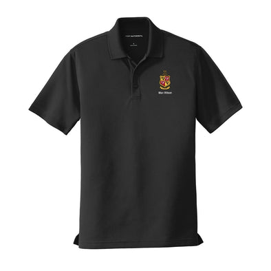 Personalized Delta Chi Crest Black Performance Polo | Delta Chi | Shirts > Short sleeve polo shirts