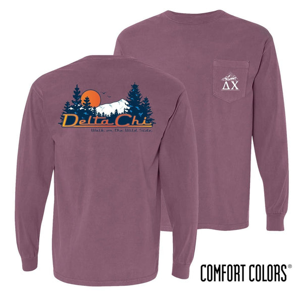 Delta Chi Comfort Colors Berry Retro Wilderness Long Sleeve Pocket Tee | Delta Chi | Shirts > Long sleeve t-shirts