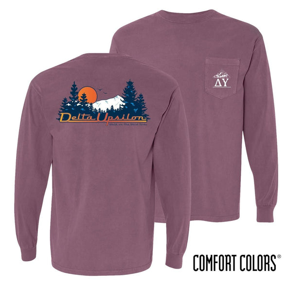 Delta Upsilon Comfort Colors Berry Retro Wilderness Long Sleeve Pocket Tee | Delta Upsilon | Shirts > Long sleeve t-shirts