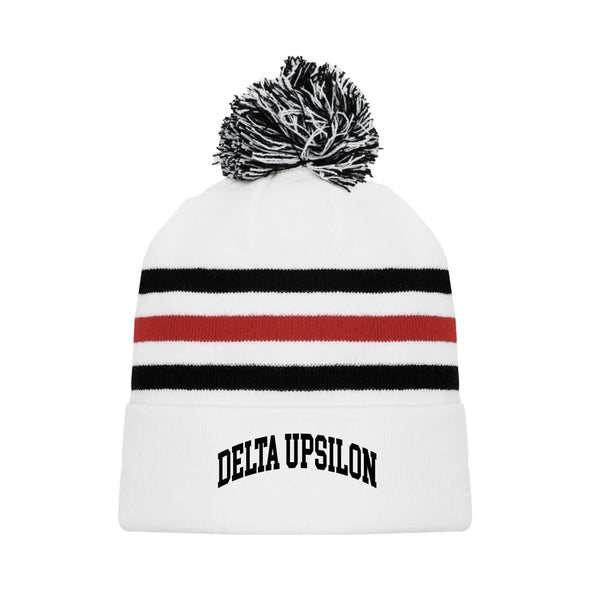 Delta Upsilon White Hockey Knit Beanie | Delta Upsilon | Headwear > Beanies