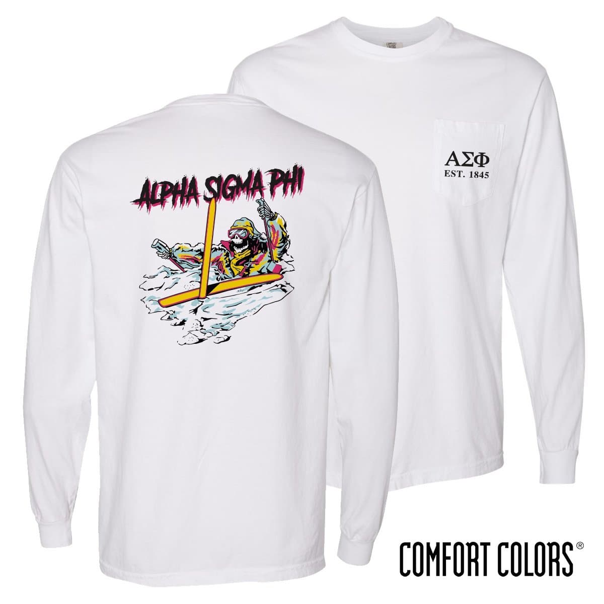 Alpha Sig Comfort Colors White Long Sleeve Ski-leton Tee