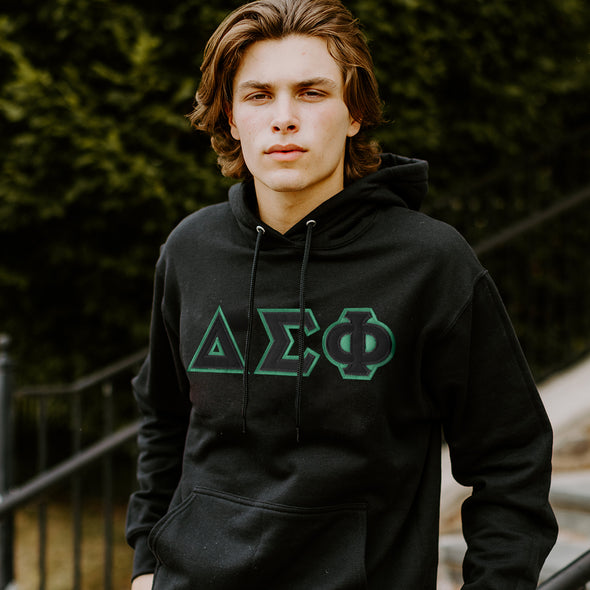 Delta Sig Black Hoodie with Black Sewn On Letters