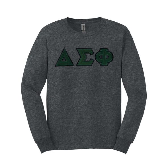 Delta Sig Dark Heather Long Sleeve Tee with Sewn On Letters