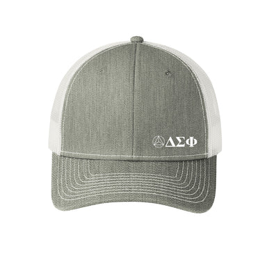 New! Delta Sig Grey Greek Letter Trucker Hat