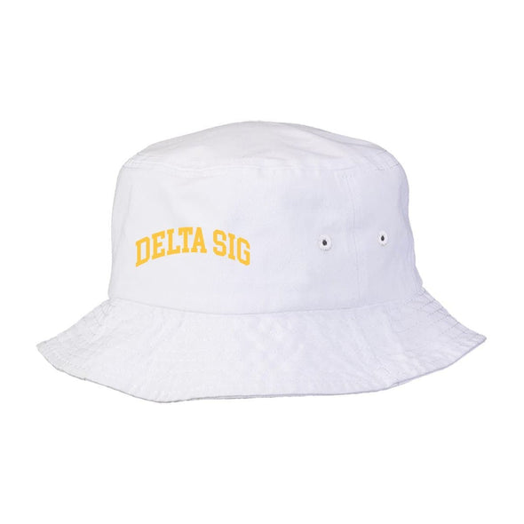 Delta Sig Title White Bucket Hat | Delta Sigma Phi | Headwear > Bucket hats