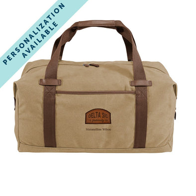 Delta Sig Khaki Canvas Duffel With Leather Patch | Delta Sigma Phi | Bags > Duffle bags